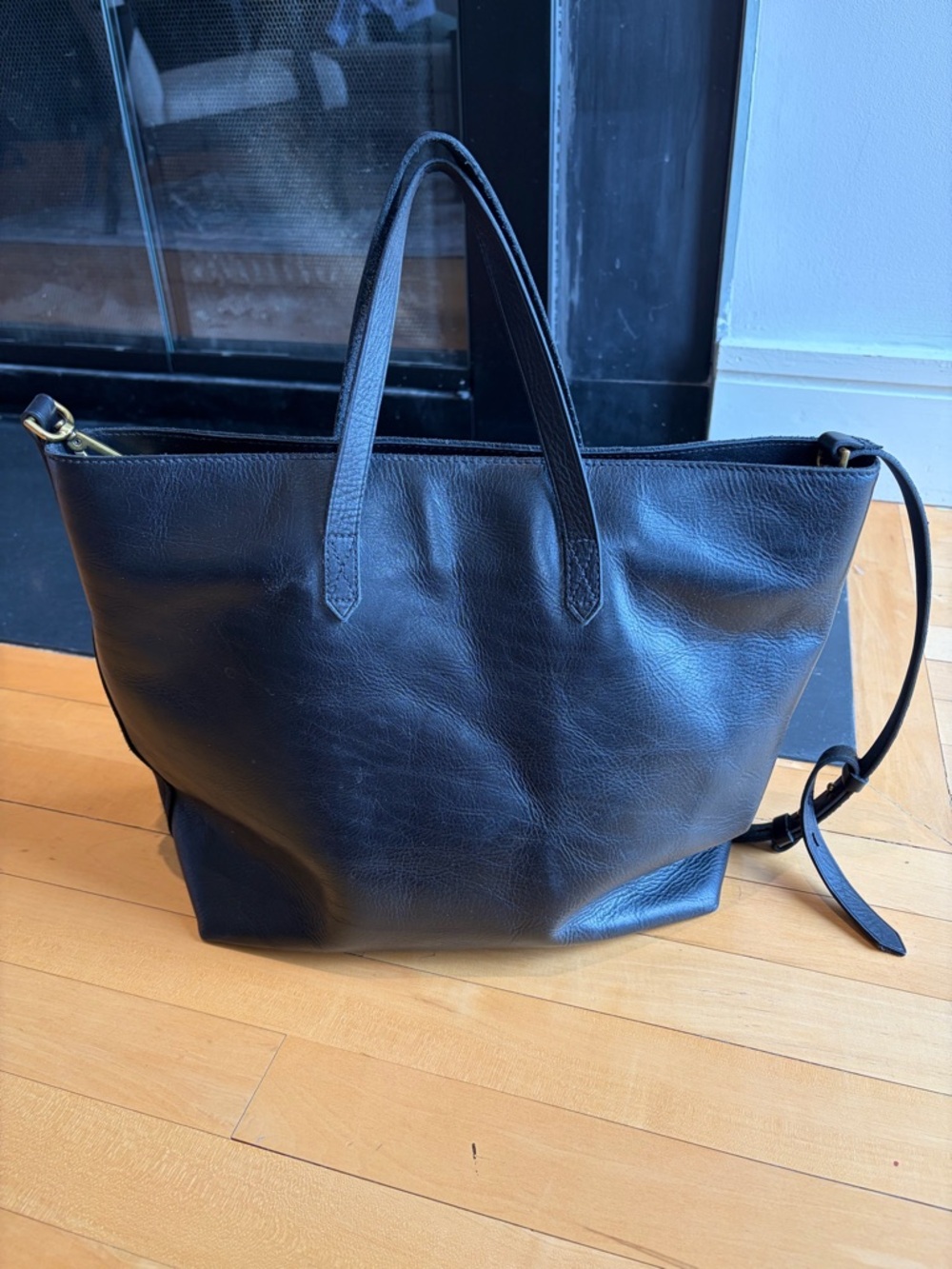 Madewell Black Zip-Top Leather Carry-All Bag with Removable Shoulder Strap